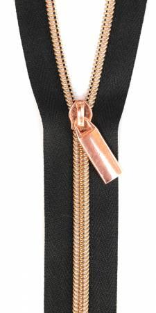 Black #5 Nylon Rose Gold Coil Zippers: 3 Yards with 9 Pulls