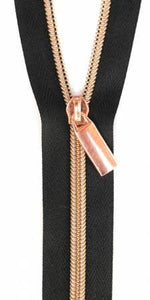 Black #5 Nylon Rose Gold Coil Zippers: 3 Yards with 9 Pulls