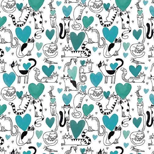 Hearts and Cats Teal